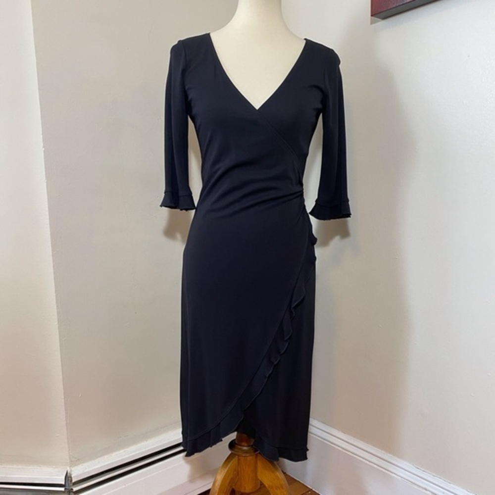 A.B.S. Black Ruffle Trim Faux Wrap Dress S…